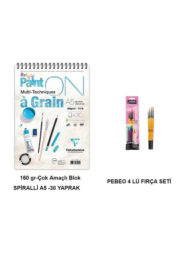 Clairefontaine-Paint-on A Grain Drawing Block A5 160gr 30 Sheets And Pebeo Brush Set 4 Pieces 1