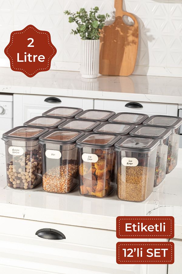 Vienev-Set of 12 with Label Peggy Long Rectangular Storage Container 2 Liters Anthracite 1