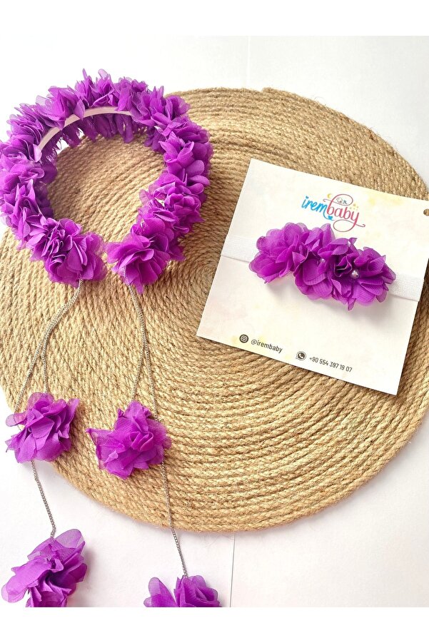irembaby Anne Bebek Lohusa Seti Mor Sarkan Küpeli Çiçekli Lohusa Tacı Ve Bebek Saç Bandı Lohusa Takımı