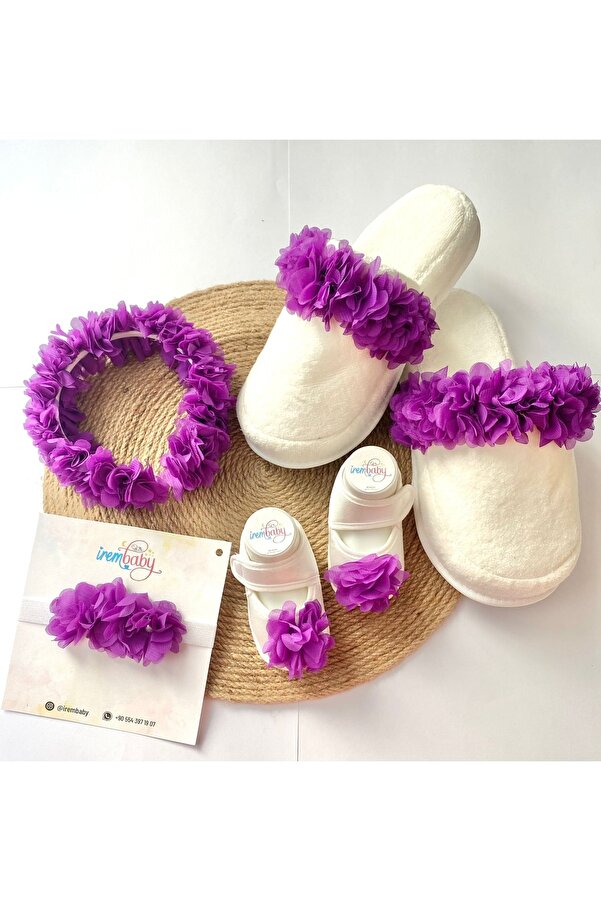 irembaby Anne Bebek Lohusa Seti Mor Çiçekli Lohusa Tacı Terlik Bebek Ayakkabı Bebek Saç Bandı Lohusa Takımı