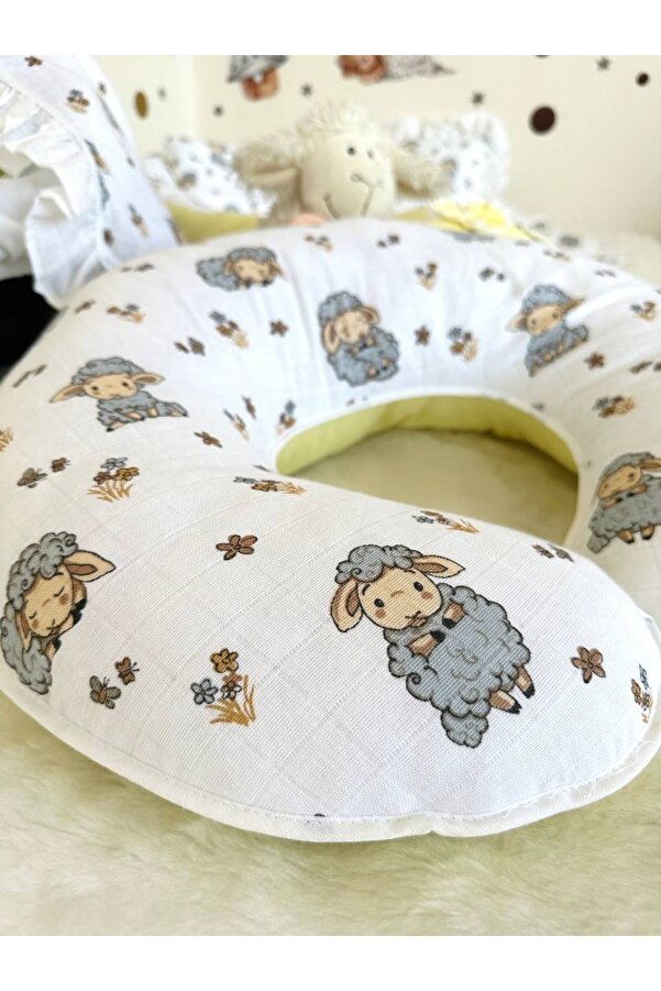 Babynest Emzirme Yastığı Ve Destek Minderi Müslin Kuzu Desen Ve Düz Sarı Poplin (beyaz Biyeli)