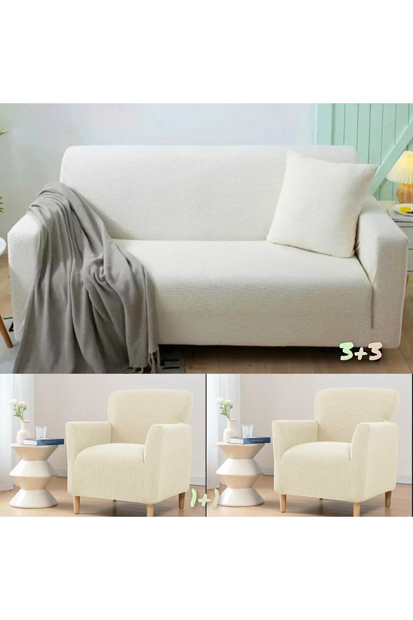 Güzel Aral-Square Patterned 3+3+1+1 Lycra Flexible Sofa Set - Cream 1