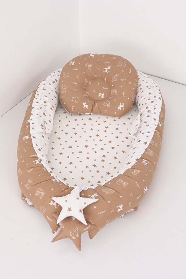 Umaybebek Babynest, Bebek Uyku Yatağı 0-2 Yaş - Kahve Kedi Desen Yıldız