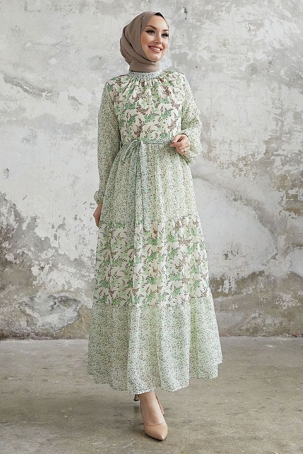 InStyle-Nessa Floral Belted Chiffon Dress - Green 1