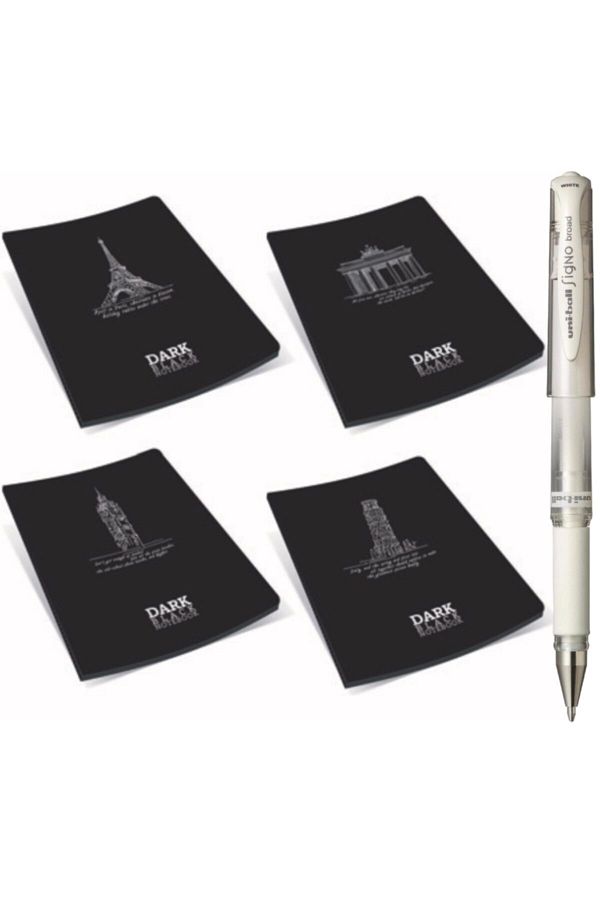 Gıpta-Dark Black Leaf Paper Cover Notepad Set (4 Pieces A6 Size Notebook & Uni Um-153 White Pen) 1