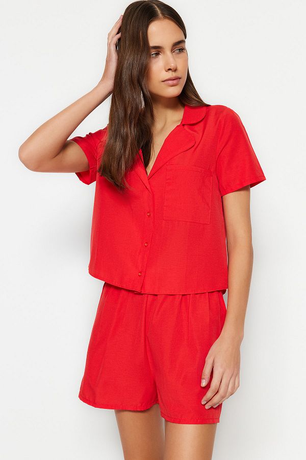 Trendyol Collection-Dunkelrotes, gewebtes Pyjama-Set aus Terrycotton mit Shorts THMSS23PT00132 1
