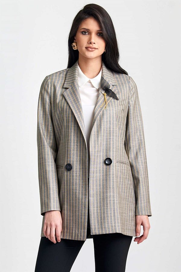 Esswaap-Striped Open Front Double Breasted Buttoned Jacket 1