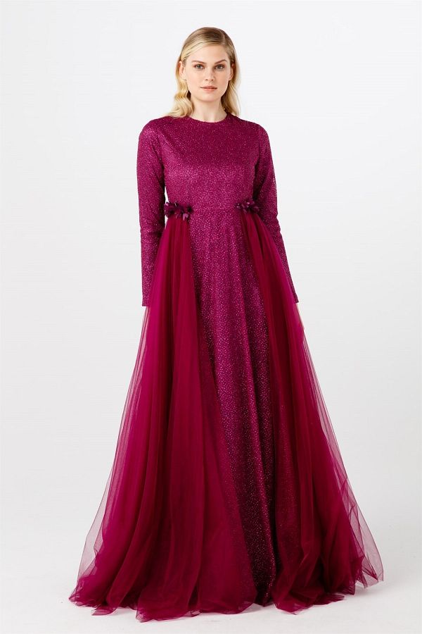 Esswaap-Fuchsia Bud Lace Evening Dress with Shirred Sides and Strings 1