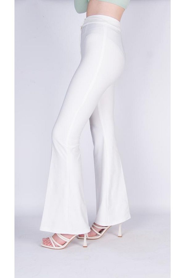 Modoo Tekstil-Pantaloni evazați cu fermoar cu talie înaltă albi 1