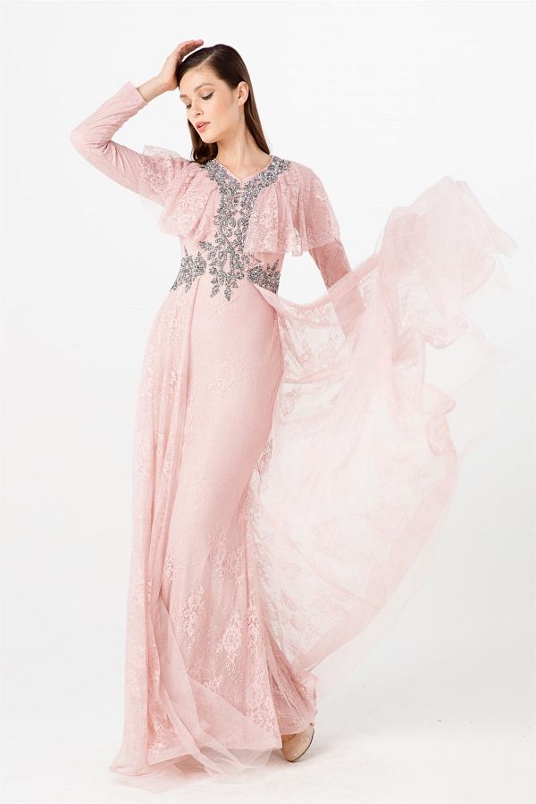 Esswaap-Powder Front Waist and Collar Stoned Flywheel Detailed Elegant Evening Dress 1
