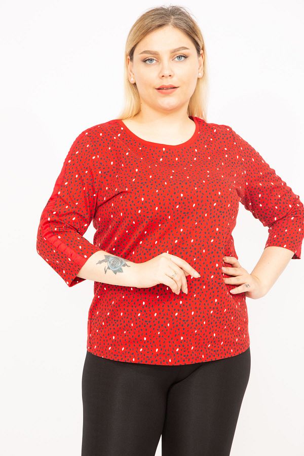 Şans-Women's Red Plus Size Cotton Fabric Sleeves Striped Blouse 65n35775 1