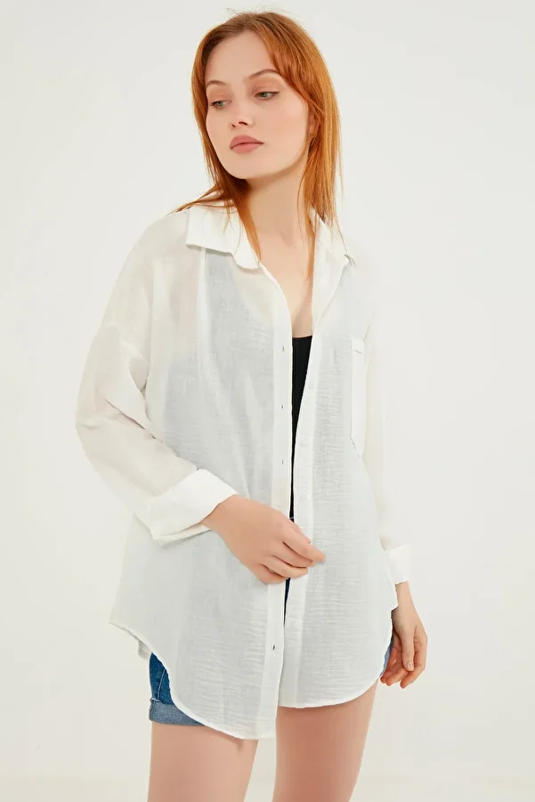 MEECY-Leichtes Oversize-Leinenhemd für Damen in Weiß 1