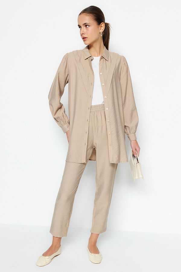 Trendyol Modest-Σετ υφαντό πουκάμισο-παντελόνι Camel Line Look TCTSS23US00079 1