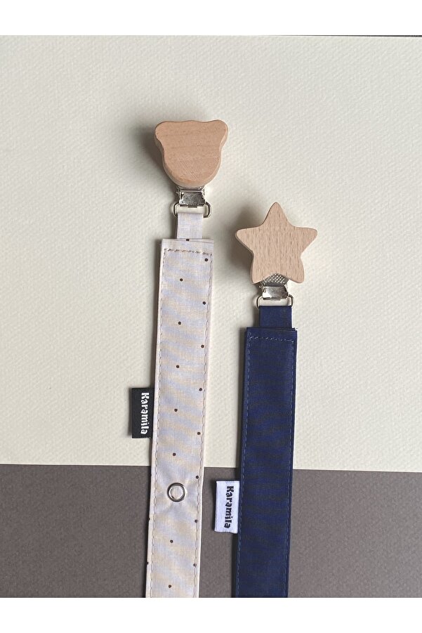 KARAMİLA 2'li Set Ahşap Klips Bebek Emzik Askısı - Bebek Emzik Zinciri %100 Pamuk