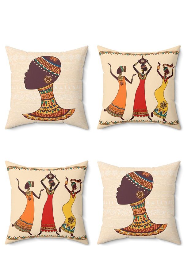 FUS BLUE-Set of 4 Decorative Throw Pillow Cases with African Figures 1