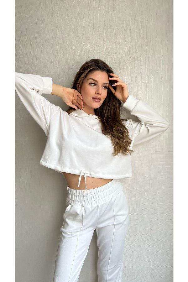 Julidress Women s White Hooded Lace up Short Sweatshirt Elastic Waist Pants Bottom Top Tracksuit Set Trendyol