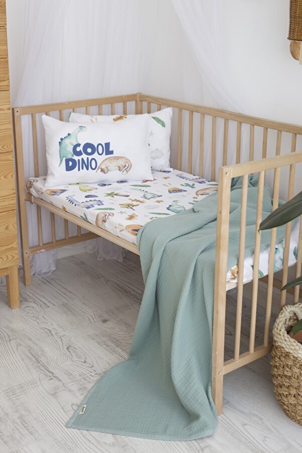 arbababy %100 Organik Müslin Pikeli Pamuk Saten Bebek Nevresim Takımı - Dinazor Ve Doğa Temalı