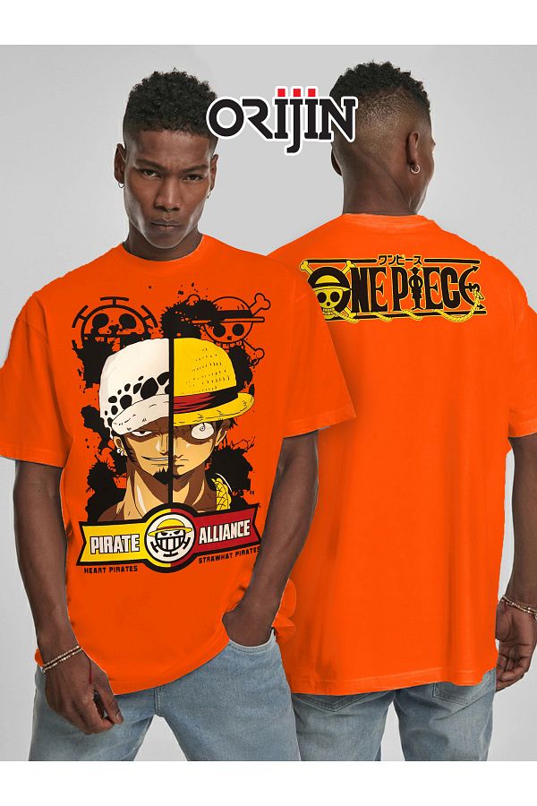Orijin Tekstil-One Piece Pirate Alliance Heart Pirates Strawhat Pirates Front Back Printed Unisex Orange T-shirt 1