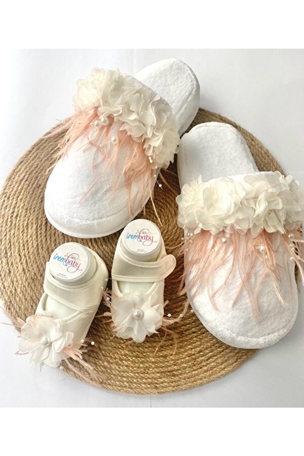 irembaby Anne Bebek Lohusa Seti Pudra Pembe Tüylü Incili Terlik Bebek Ayakkabısı Lohusa Takımı Çekim-mevlüt
