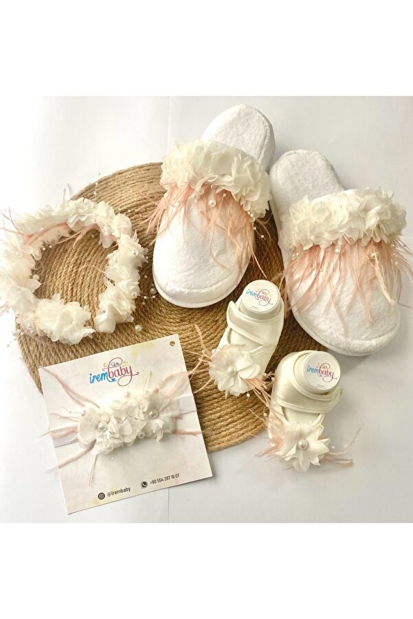 irembaby Anne Bebek Lohusa Seti Pudra Tüylü Incili Lohusa Tacı Bebek Ayakkabısı Bebek Saç Bandı Lohusa Takımı