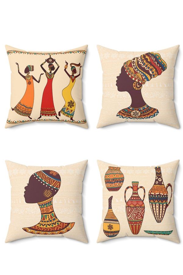 FUS BLUE-Set of 4 Decorative Throw Pillow Cases with African Figures 1
