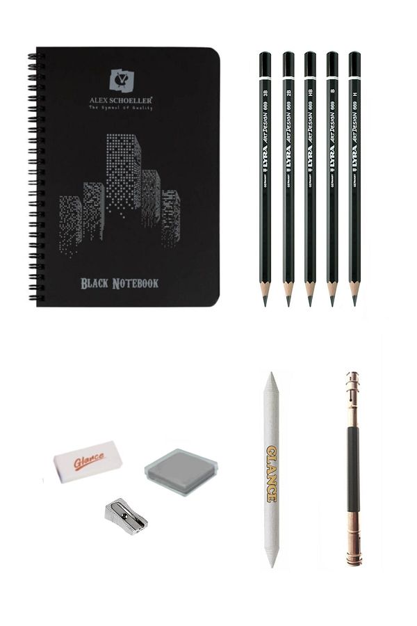 GLANCE-Alex Schoeller Black Notebook A5 Black Notebook Lyra Graduated Pencil Drawing Sketch Set with Charcoal Bag 1