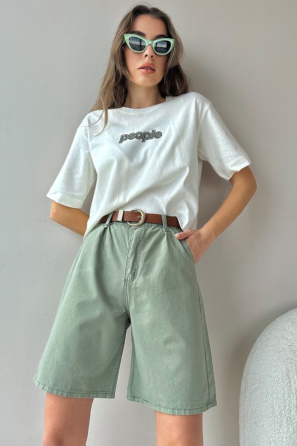 Trend Alaçatı Stili-Bermude pantaloni scurți din denim, verzi, cu talie înaltă, cu picioare late ALC-X8174 1