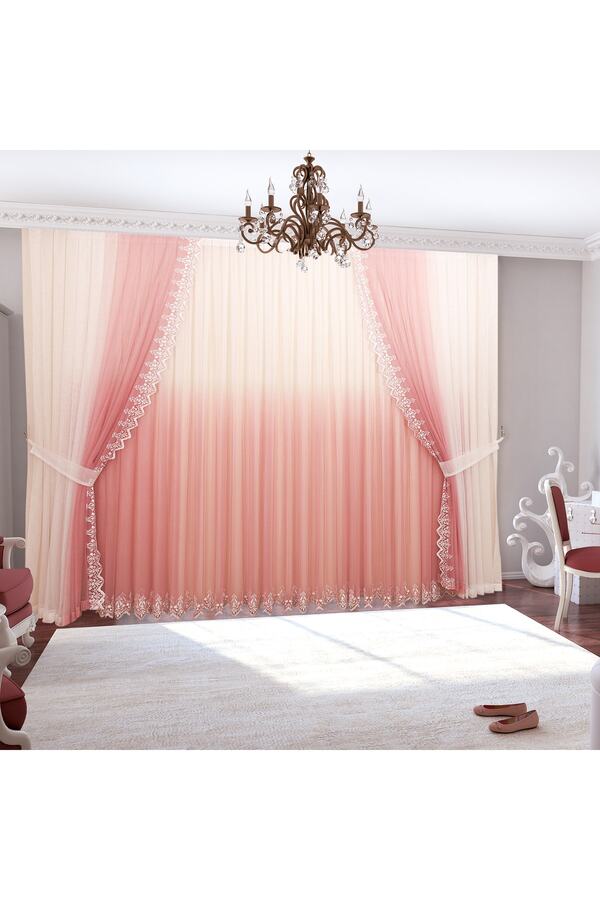 perhal perde ve halı-Gradient Color Gradient Pink Skirts, Embroidered Inner Tulle and Background Complete Set, Pleated Tulle Curtain 1