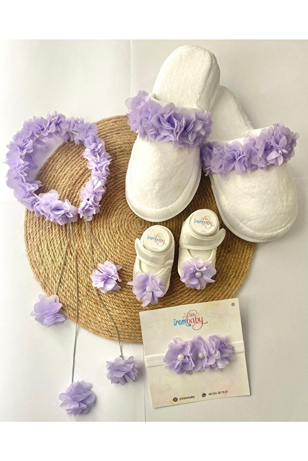 irembaby Anne Bebek Lohusa Seti Lila Çiçekli Lohusa Tacı Terlik Bebek Ayakkabı Bebek Saç Bandı Lohusa Takımı