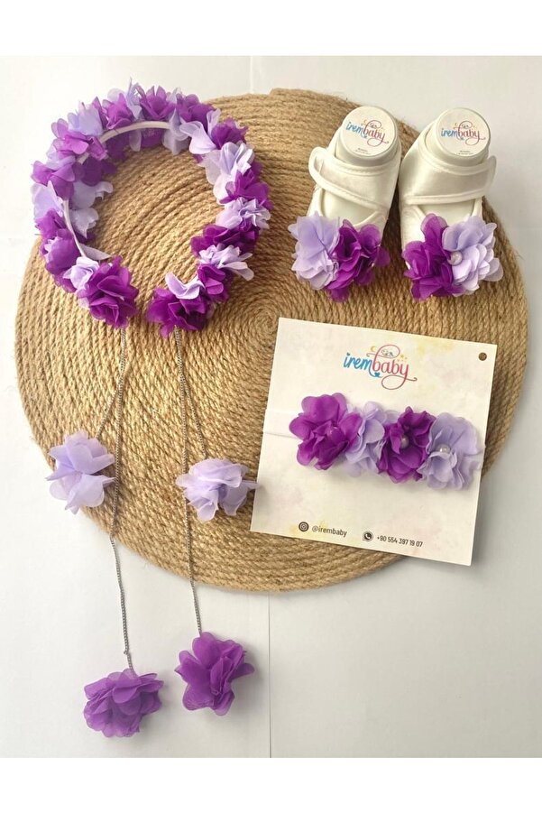 irembaby Anne Bebek Lohusa Seti Mor Lila Çiçekli Lohusa Tacı Bebek Ayakkabısı Ve Bebek Saç Bandı Lohusa Takım