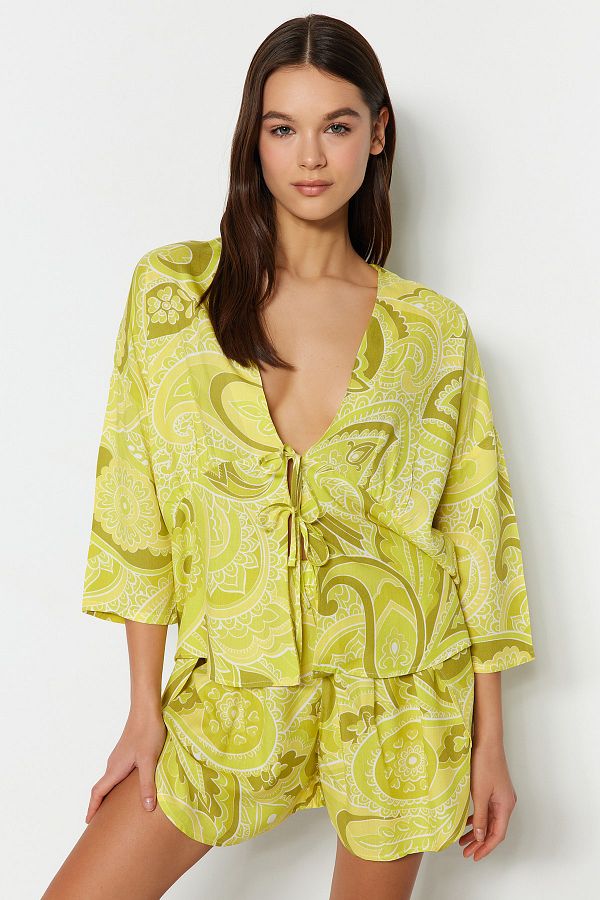 Trendyol Collection-Ethnic Pattern Viscose Pajamas Set - with Binding/Bow Detail, Multicolor Shorts Thmss23Pt00165 1