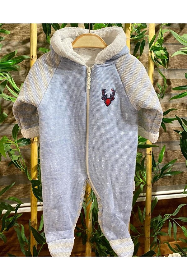 Renkli Puset Içi Peluşlu Bebek Patikli Uyku Tulumu Geyik Nakış Mavi