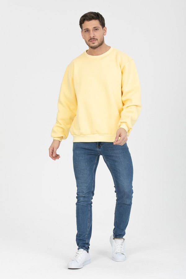 MODASMA Light Yellow 3 Thread Crew Neck Hoodie Sweatshirt Trendyol