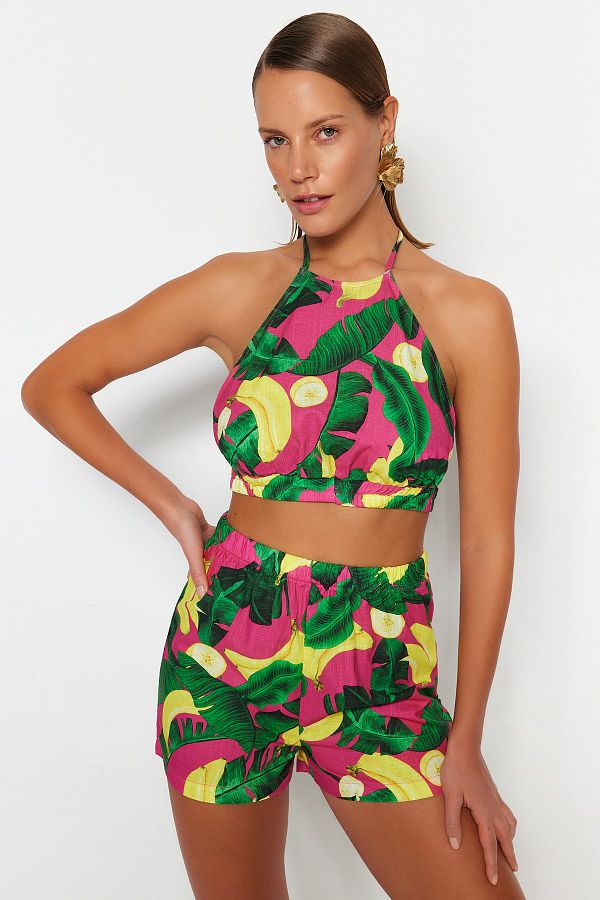 Trendyol Collection-Set de bluze scurte, 100% bumbac, decoltate, țesute cu model tropical TBESS23AU00169 1
