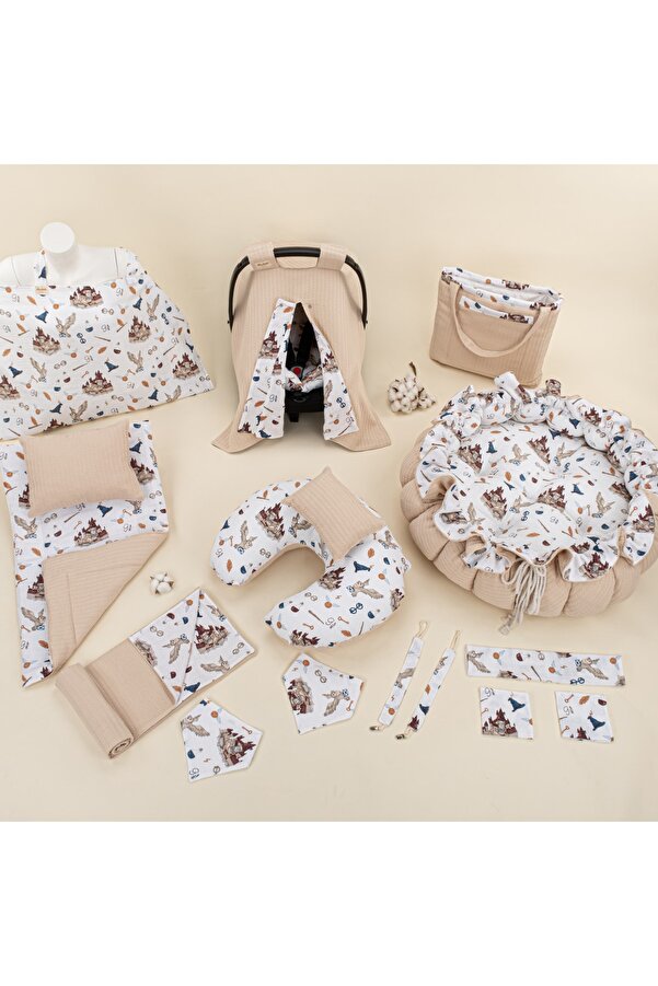 Yunikobaby 17 Parça Set - Sütlü Kahve Örgü - Harry Babynest,emzirme Yastığı Ve Önlüğü,puset Seti,çanta