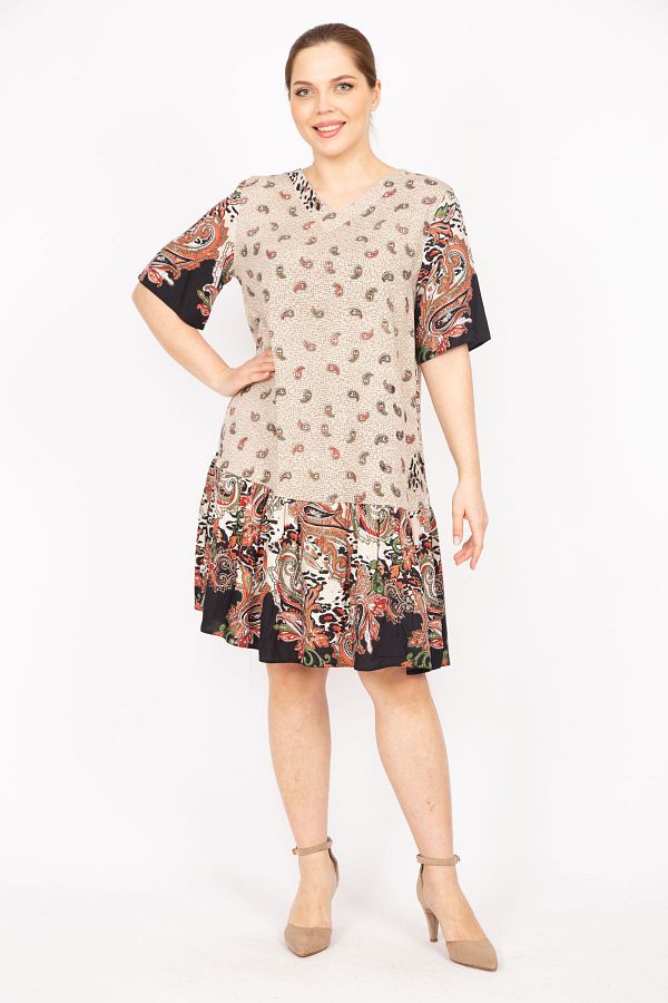 Şans-Women's Mink Plus Size Woven Viscose Fabric Paisley Patterned Dress 65n35834 1