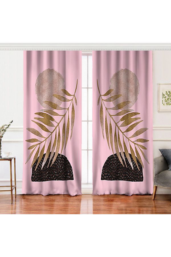 Realhomes-Double Wing Abstract Drawing on Pink Background Moon and Leaf Motif Digital Printed Background Curtain 1