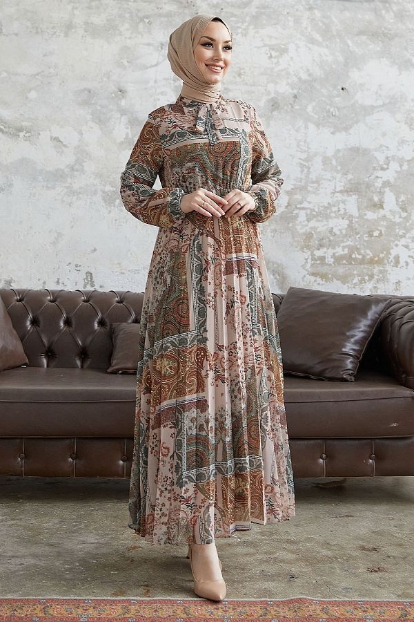 InStyle-Viera Shawl Patterned Belted Collar Chiffon Dress - Beige 1