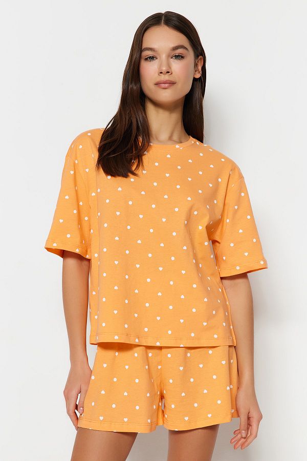 Trendyol Collection-Sada pyžama s oranžovými puntíky a srdíčky 100% bavlna šortky - THMSS21PT1485 1