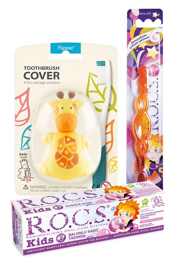 R.O.C.S.-Kids 4-7 Years Complete Oral Care Set - Balloon Paste + Kids Brush + Giraffe Storage Container 1