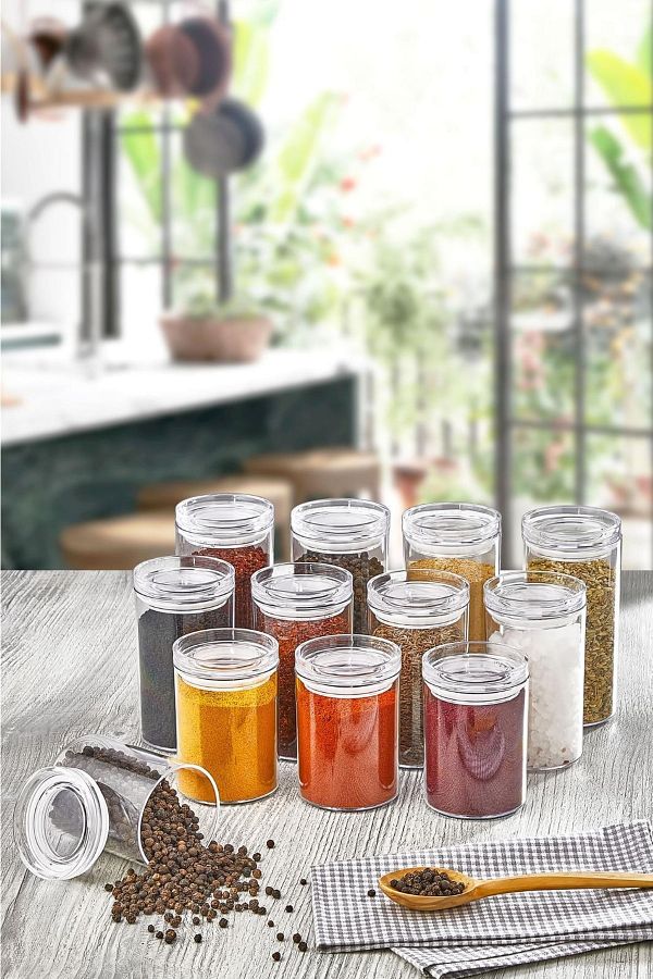 kalitebudur34 Labeled 12 Piece Acrylic Spice Jar Storage Container with Leak Proof Lid Mica Spice Jar Set