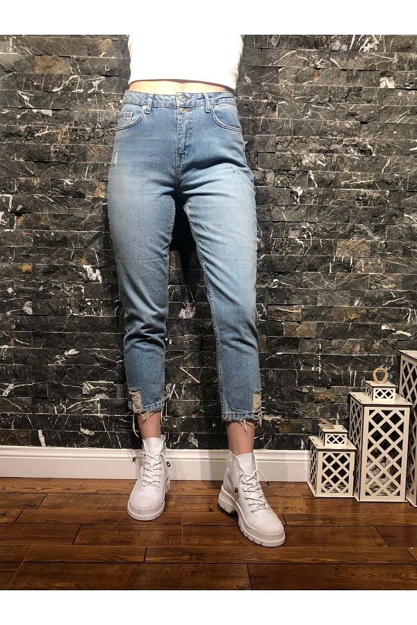 Up Shop Light Blue Color High Waist Short Leg Mom Jeans Trendyol