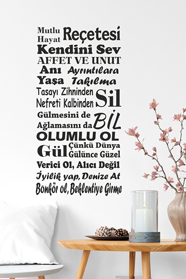 Sticker Sepetim Mutlu Hayat Reçetesi Dekoratif Duvar Sticker - Duvar Süsü - Duvar Dekoru