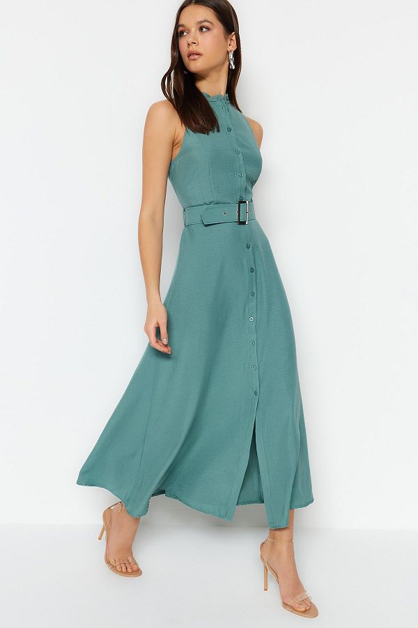Trendyol Collection-Φόρεμα μίντι υφαντό πουκάμισο με ζώνη δυόσμου TWOSS23EL01628 1