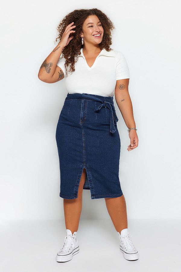 Trendyol Curve-Dark Blue Belted High Waist Slit Denim Skirt TBBSS23AZ00017 1