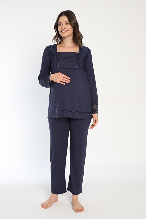Miss Dünya Lissa Uzun Kol Lacivert Hamile Ve Lohusa Pijama Takımı