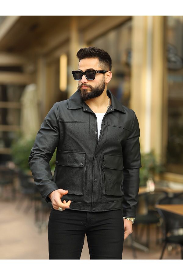 S M CLOTH NG Men s Pocket Detail Black Carbon Leather Jacket Trendyol