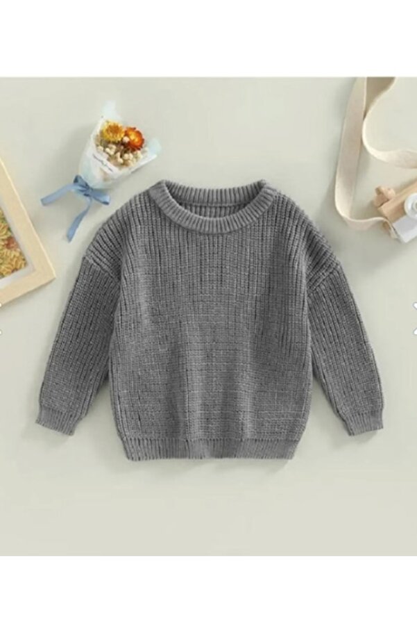 Meriç bebe Unisex Bebek Çocuk Bisiklet Yaka Extra Esnek Gri Triko Kazak