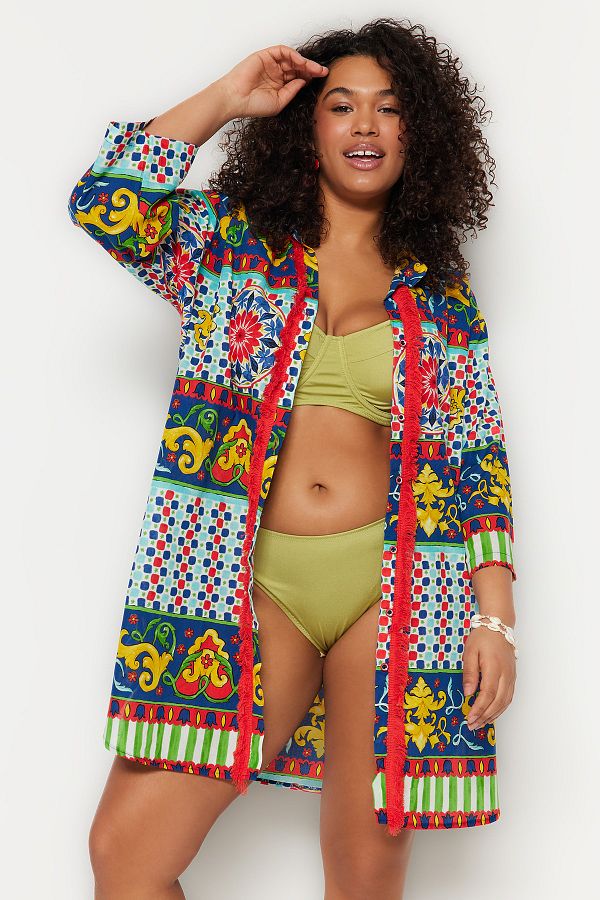 Trendyol Curve Multicolor Ethnic Pattern Woven Beach Wear Plus Size Shirts Tbbss23Ax00000 Trendyol