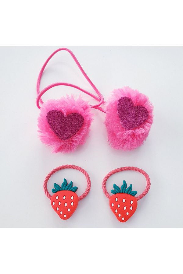 MAGRİB-Set of 4 Elastic Buckles with Sparkling Heart Plush Pompoms and Cute Fruit and Ladybug Figures 1